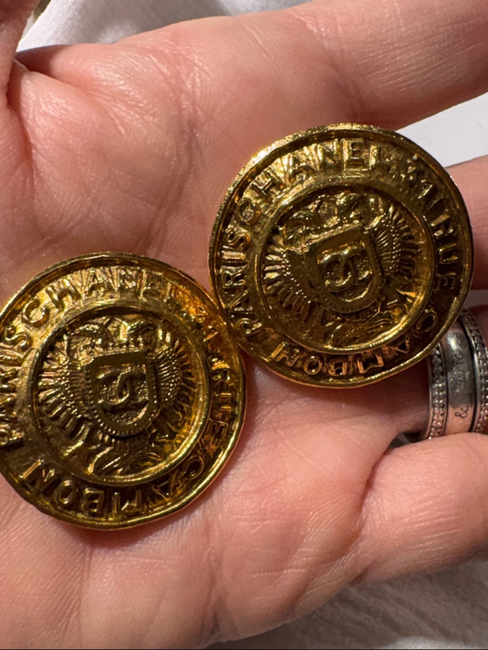 Gold Tone CC Medallion Clip-On Earrings Vintage Textured Coin Style